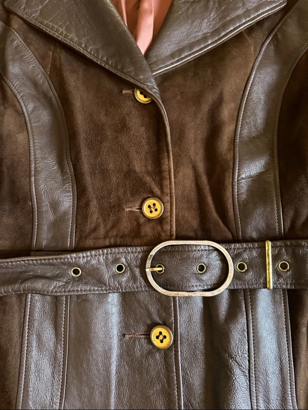 Vintage Brown Leather & Suede Belted lined Women’s Jacket size Large - Picture 5 of 11